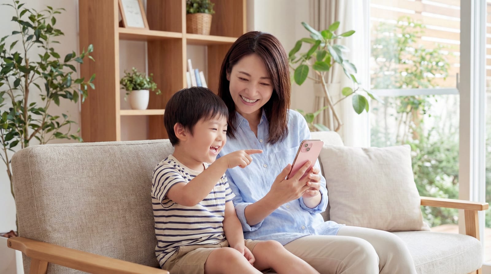 スマホを見ながら笑い合う親子